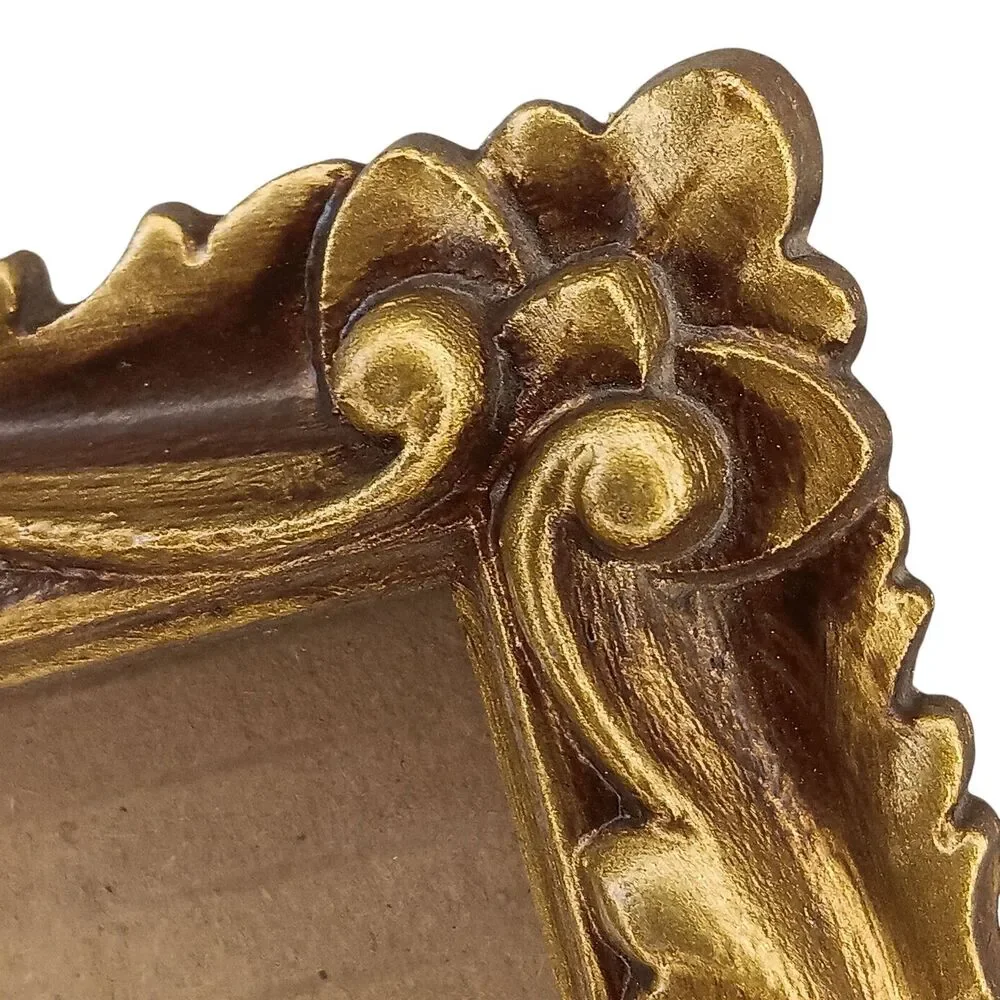 VTG 1973 Gold Bronze Photo Frame Resin Faux Carved Wood Ornate Scroll 8.25x6.25